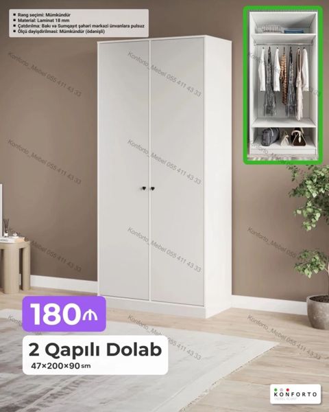 2 qapılı geyim dolabı Xüsusiyyətlər: - Ölçü: 47×200×90 sm - Material — Bakı