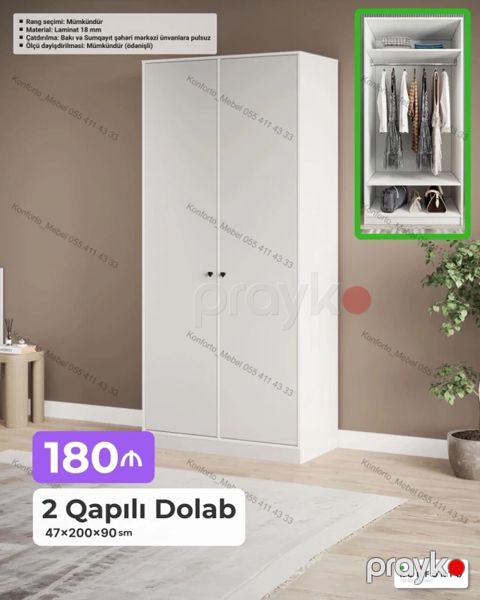2 qapılı geyim dolabı Xüsusiyyətlər: - Ölçü: 47×200×90 sm - Material