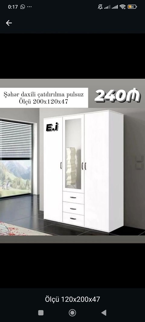 Ağ rəngli üçqapılı dolab - Ölçü: 200 x 120 x 47 sm (şəkildə göstərilən — Bakı