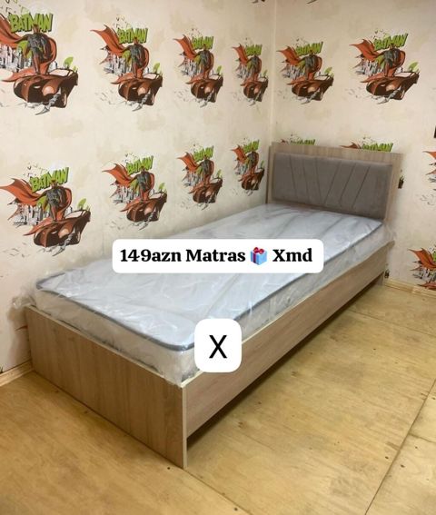 Tək nəfərlik çarpayı və matras dəsti. - Çarpayı: açıq ağac rəngli — Bakı