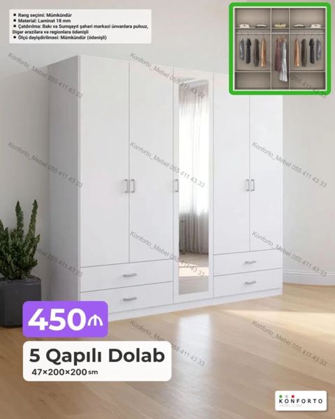 5 qapılı paltar dolabı Ölçü: 47 200 200 sm Material: 18 mm — Bakı