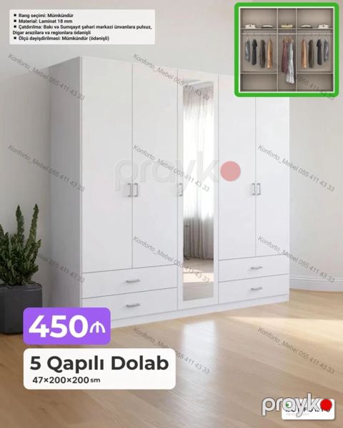 5 qapılı paltar dolabı Ölçü: 47 200 200 sm Material: 18 mm