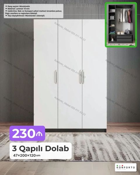 3 qapılı dolab – ölçülər: 47×200×120 sm. - Material: 18 mm laminat — Bakı
