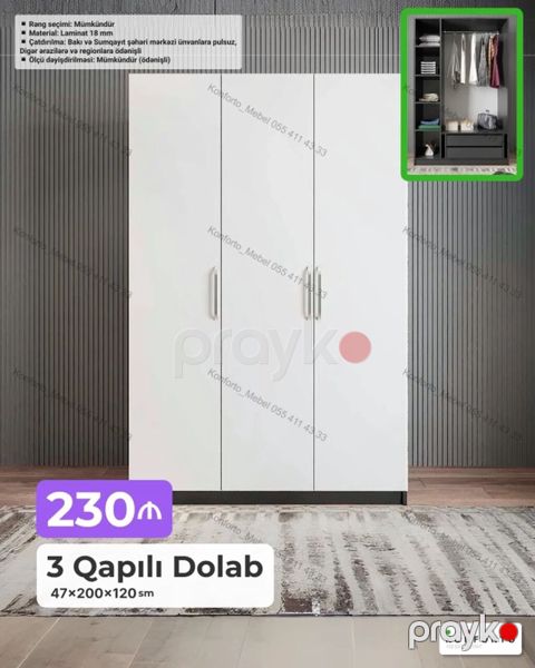 3 qapılı dolab – ölçülər: 47×200×120 sm. - Material: 18 mm laminat