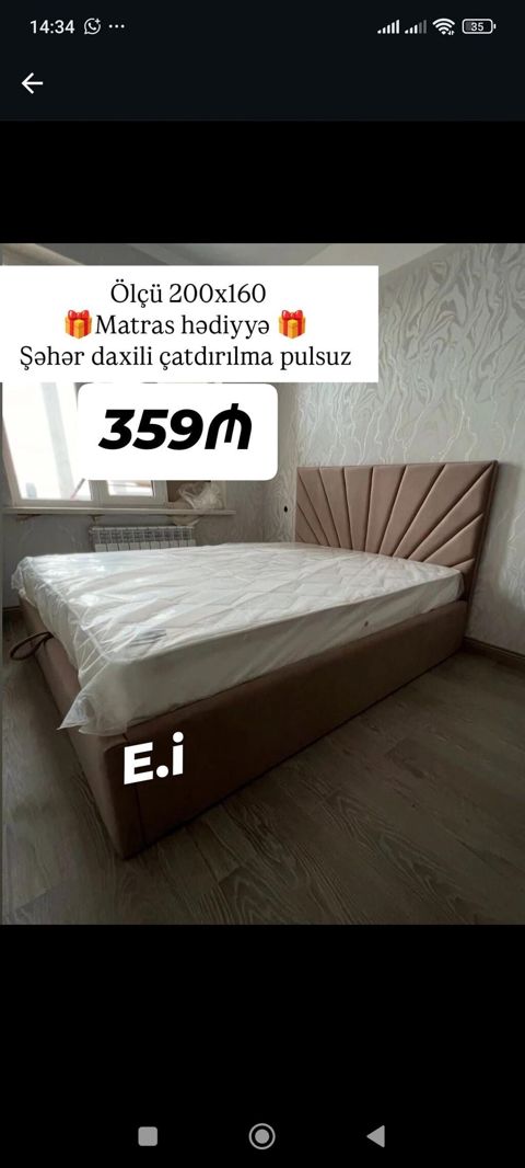 Məhsul: Yumşaq başlıqlı ikinəfərlik çarpayı - Ölçü: 200 x 160 sm — Bakı