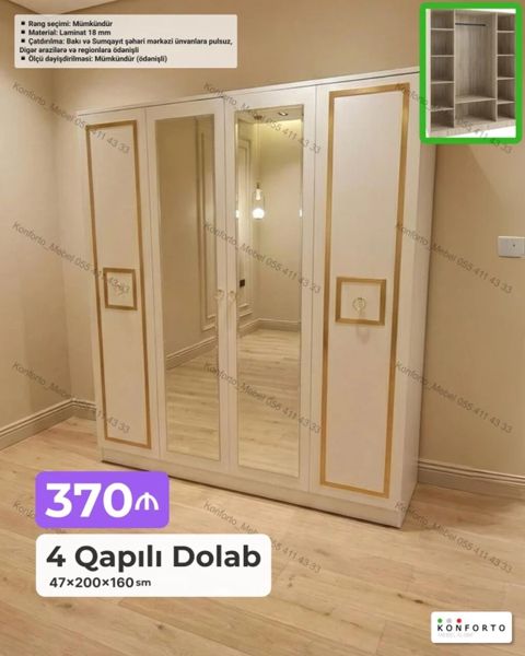 4 qapılı paltar dolabı – 47×200×160 sm - Korpus və qapılar: 18 mm — Bakı