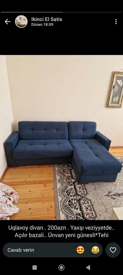 Uqlavoy divan – açılır və bazalı model. Mavi rəngli, yumşaq parça — Bakı