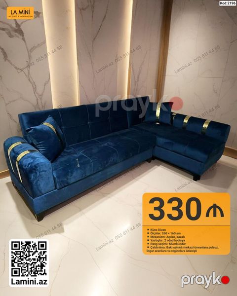 Künc Divan – Kod: 2196 - Ölçülər: 260 160 sm - Mexanizm: Açılan