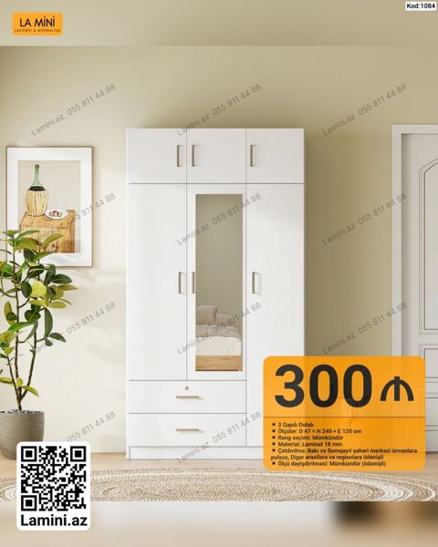 3 qapılı dolab – Kod: 1084 - Ölçülər: Dərinlik 47 sm Hündürlük 240 — Bakı