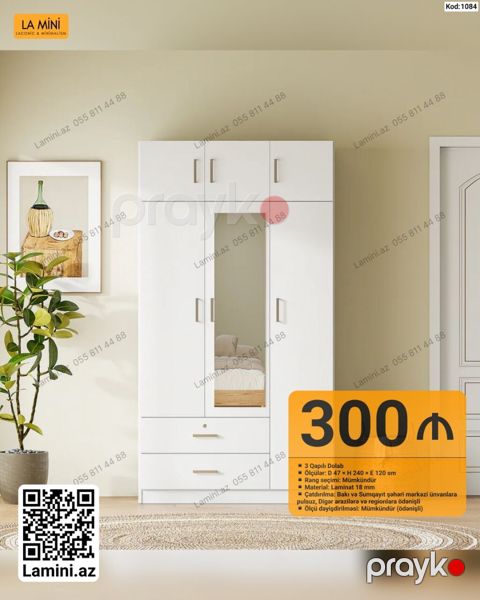 3 qapılı dolab – Kod: 1084 - Ölçülər: Dərinlik 47 sm Hündürlük 240