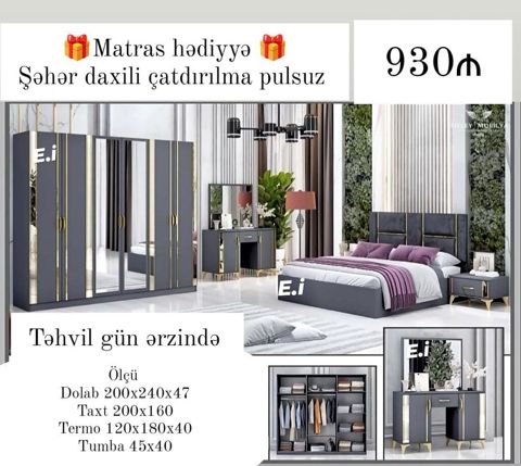 Yataq otağı dəsti – modern dizayn, qrafit rəng palitrası və qızılı — Mehdiabad