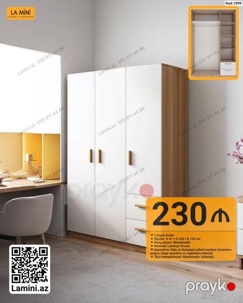 3 qapılı dolab – La Mini (Kod: 1099) - Ölçülər: D 47 H 200 E 120
