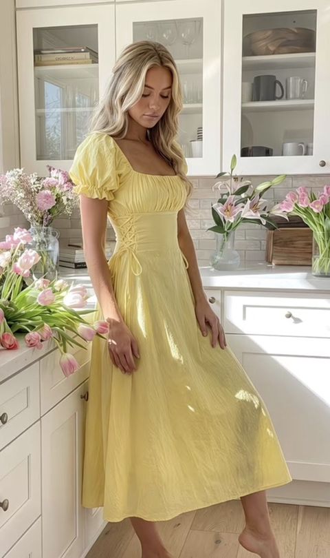 Sarı rəngdə romantik stil qadın paltarı - Model: midi uzunluqda — Bakı