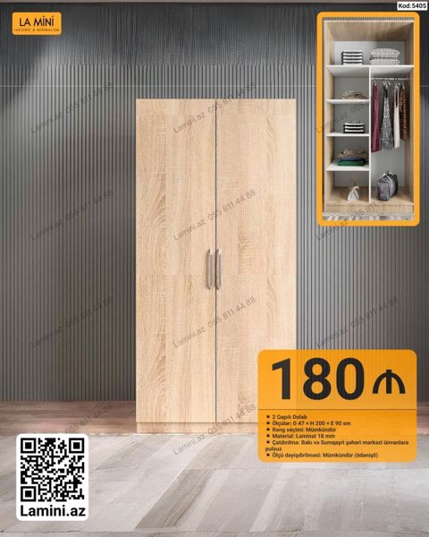 İki qapılı dolab - Ölçülər: L 47 H 200 E 90 sm - Material: 18 mm — Bakı