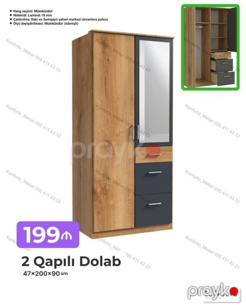2 qapılı dolab — 47×200×90 sm - Material: 18 mm laminat - Rəng