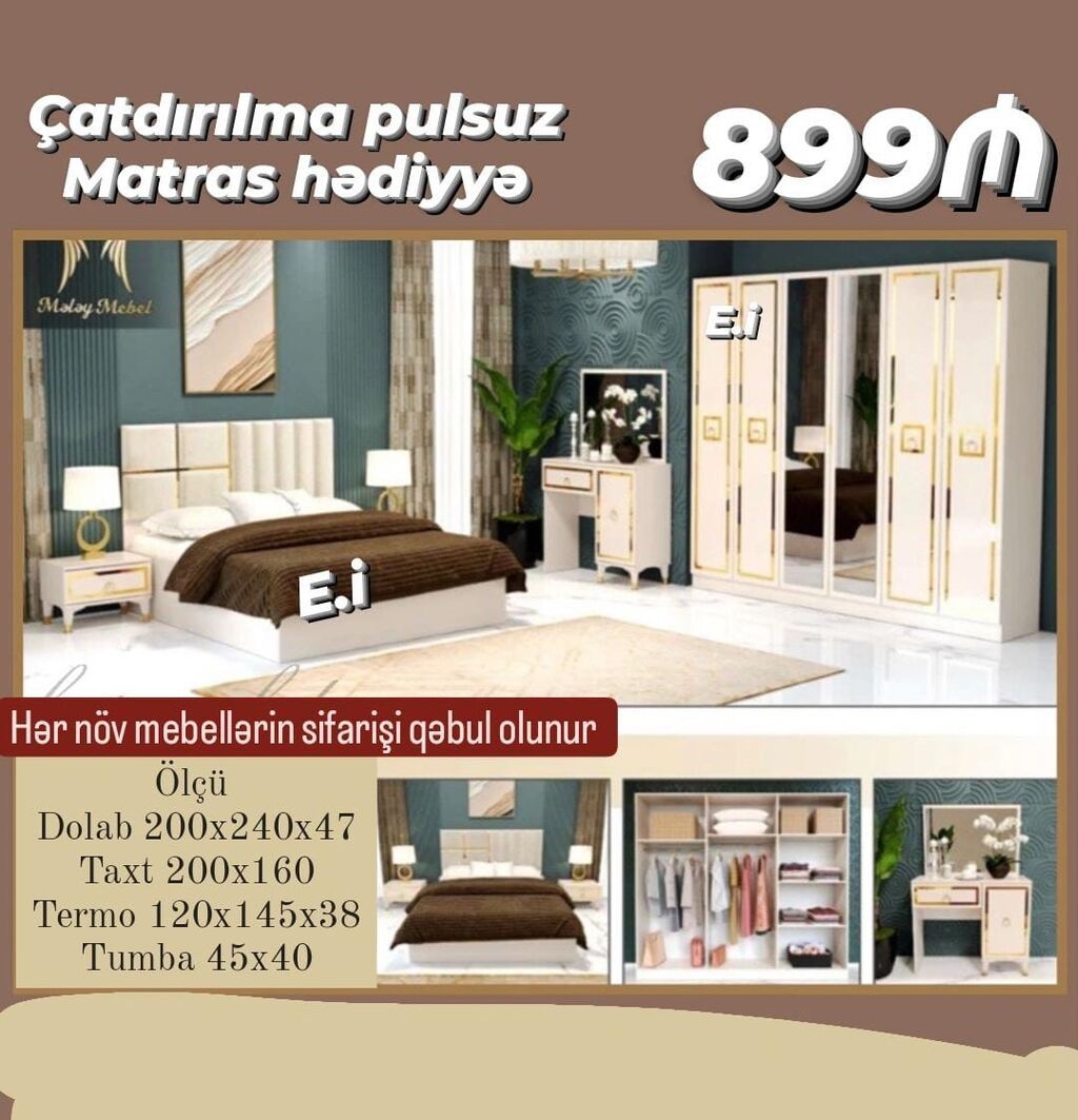 Yataq otağı mebel dəsti – 899₼ Paket tərkibi və ölçülər: - Dolab — Yataq otağı mobilya dəstləri, Bakı (2)