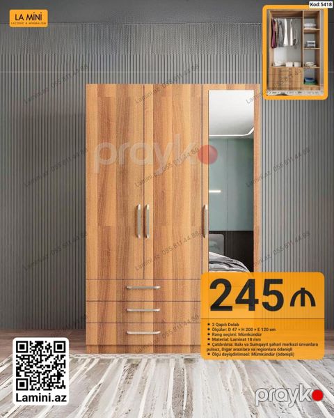 LA Mını 3 qapılı dolab - Kod: 5418 - Material: Laminat 18 mm - Rəng
