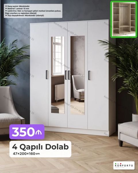 4 qapılı paltar dolabı Ölçü: 47×200×160 sm Material: 18 mm laminat — Bakı