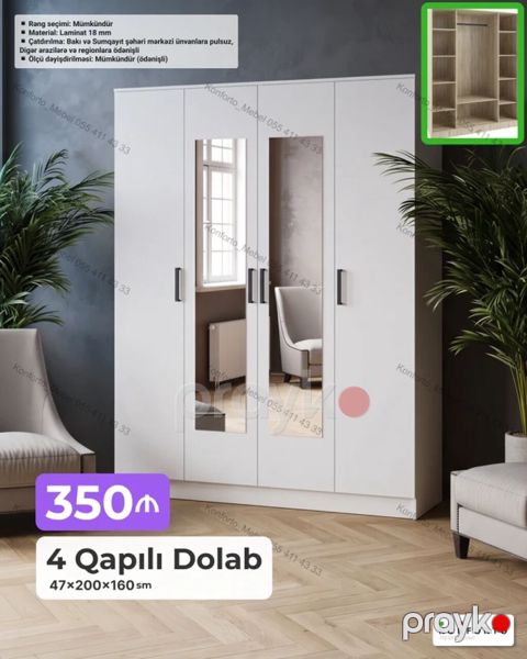 4 qapılı paltar dolabı Ölçü: 47×200×160 sm Material: 18 mm laminat