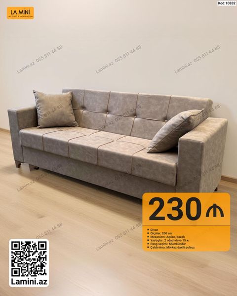 Divan Minimalist dizayna malik, düz formalı divan. Açıq boz rəngdədir — Bakı