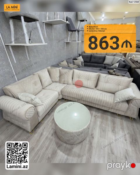 Künc divan – La Mini - Ölçülər: 300 200 sm - Dizayn: krem rəngli