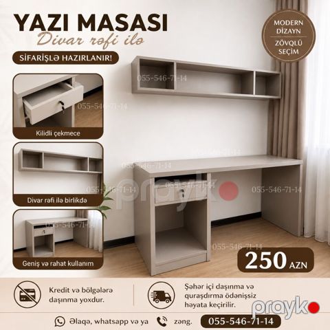 Yazı masası divar rəfi ilə - Sifarişlə hazırlanır - Modern dizayn — Bakı