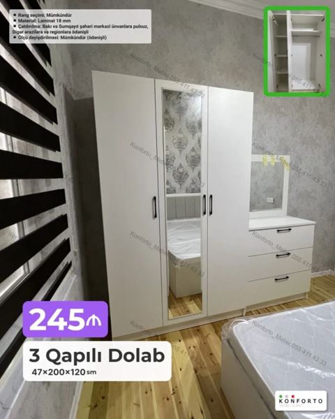 3 qapılı yataq otağı dolabı Ölçü: 47×200×120 sm Material: 18 mm — Bakı