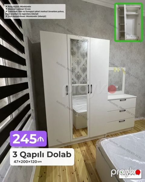 3 qapılı yataq otağı dolabı Ölçü: 47×200×120 sm Material: 18 mm