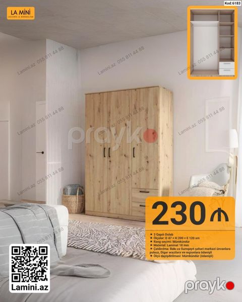 LA Mıni – 3 qapılı dolab - Kod: 6183 - Ölçülər: D 47 H 200 E 120