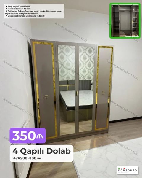 4 qapılı yataq otağı dolabı Ölçü: 47×200×160 sm Material: 18 mm — Bakı