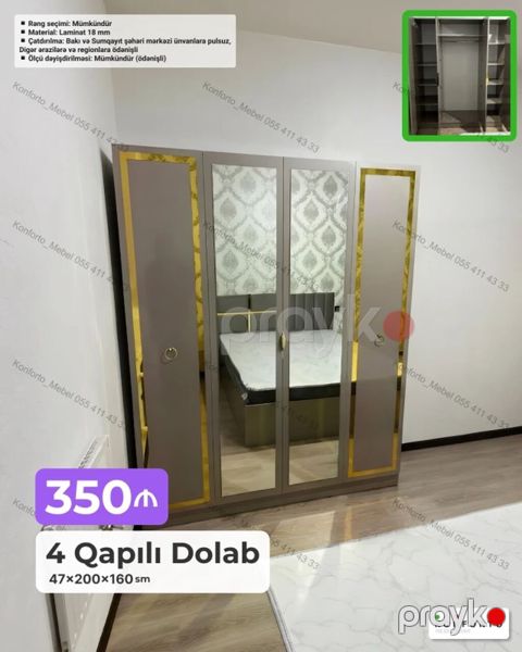 4 qapılı yataq otağı dolabı Ölçü: 47×200×160 sm Material: 18 mm