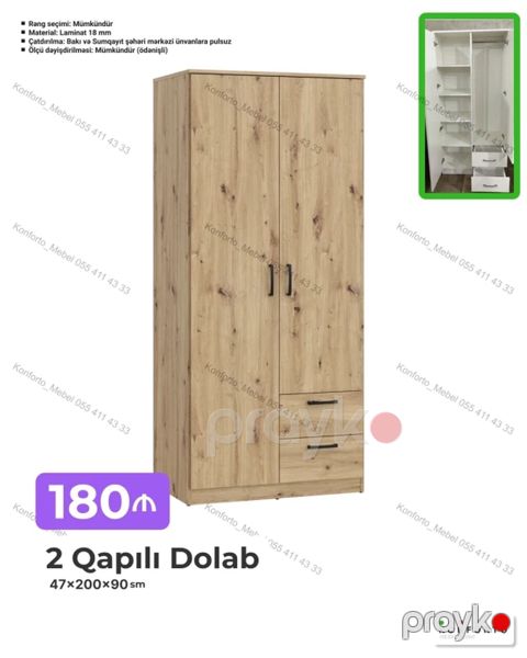 2 qapılı paltar dolabı – 47×200×90 sm - Material: 18 mm laminat