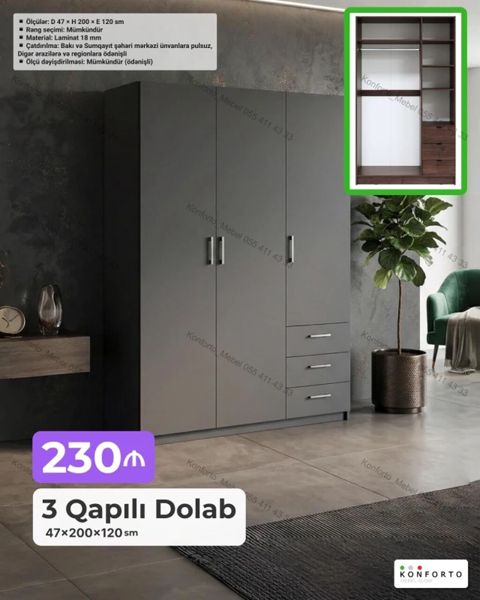 3 qapılı paltar dolabı - Ölçülər: 47 200 120 sm - Material: 18 — Bakı
