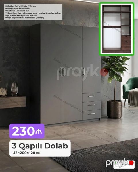 3 qapılı paltar dolabı - Ölçülər: 47 200 120 sm - Material: 18