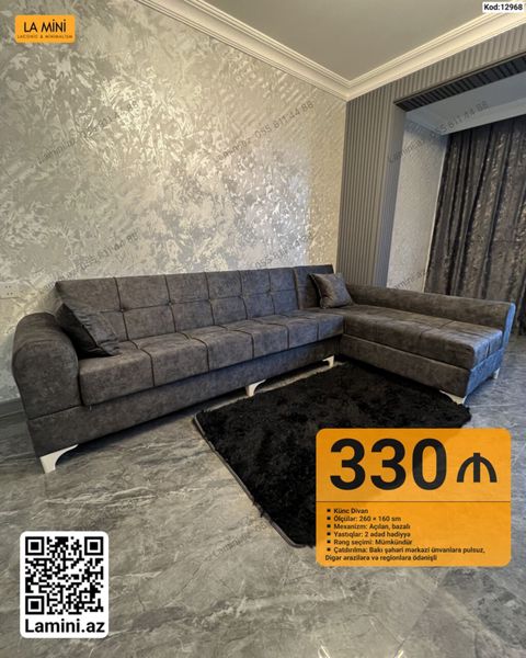 Künc divan – müasir dizaynlı, geniş və rahat model - Ölçülər: 260 — Bakı