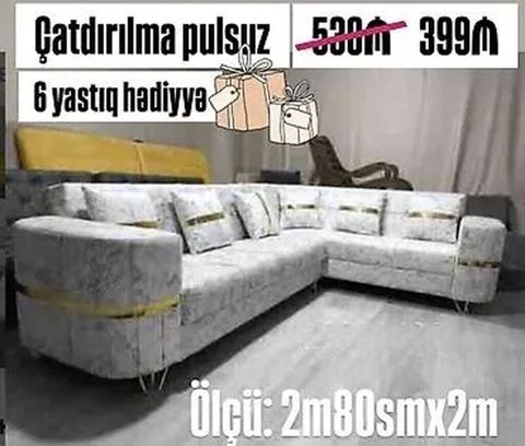 L şəkilli yumşaq künc divan - Ölçü: 2 m 80 sm x 2 m - Parça: açıq boz — Bakı