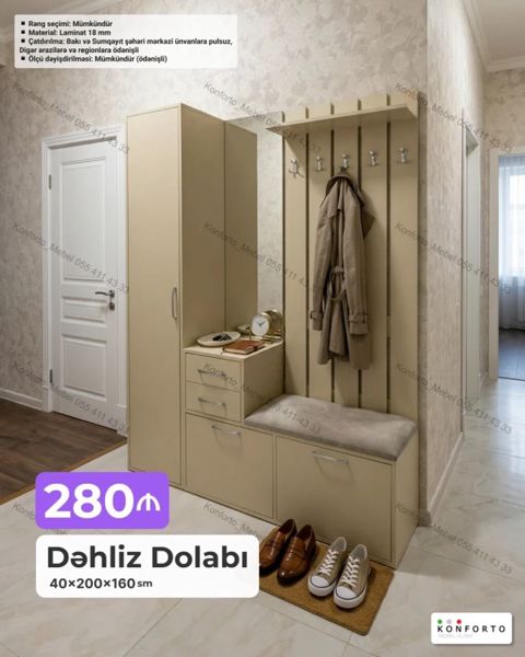 Dəhliz dolabı – 40×200×160 sm - Komplekt: asılqanlı panel (6 ədəd — Bakı