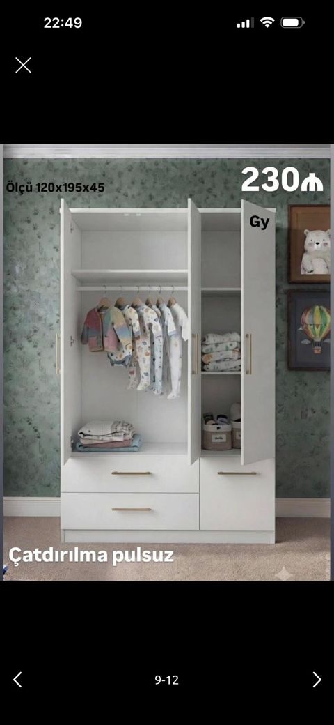 Uşaq otağı üçün 3 qapılı paltar dolabı - Ölçü: 120 x 195 x 45 sm — Bakı