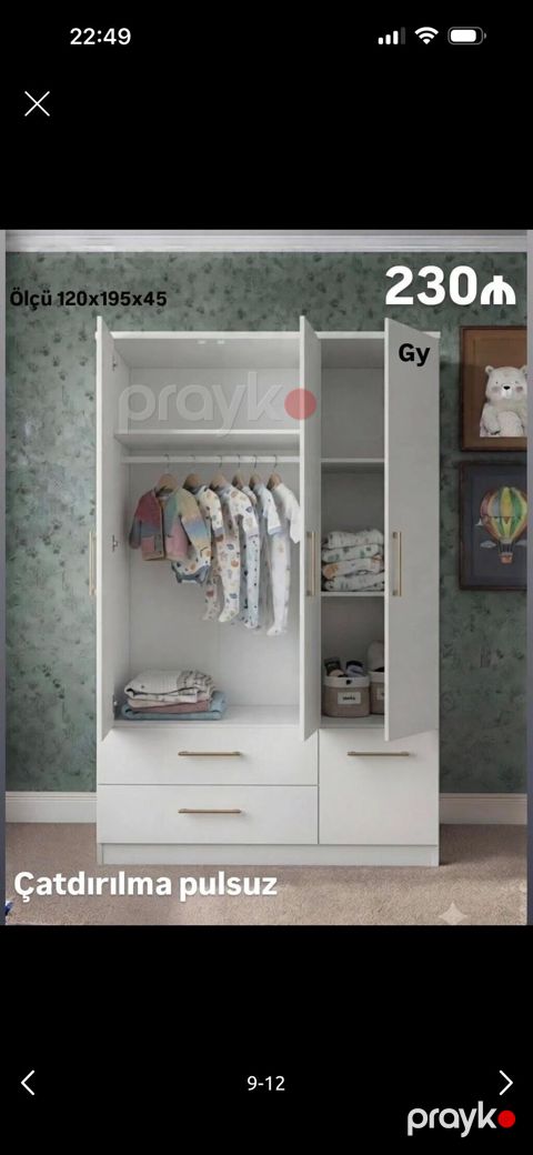 Uşaq otağı üçün 3 qapılı paltar dolabı - Ölçü: 120 x 195 x 45 sm — Bakı