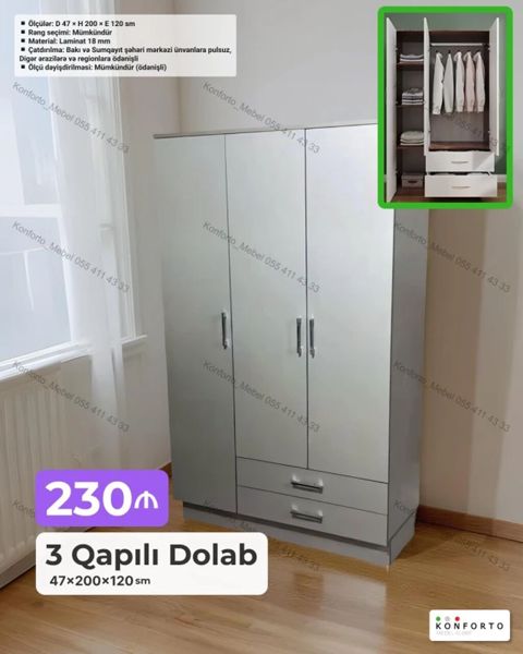3 qapılı geyim dolabı Ölçülər: D 47 H 200 E 120 sm (47×200×120 — Bakı