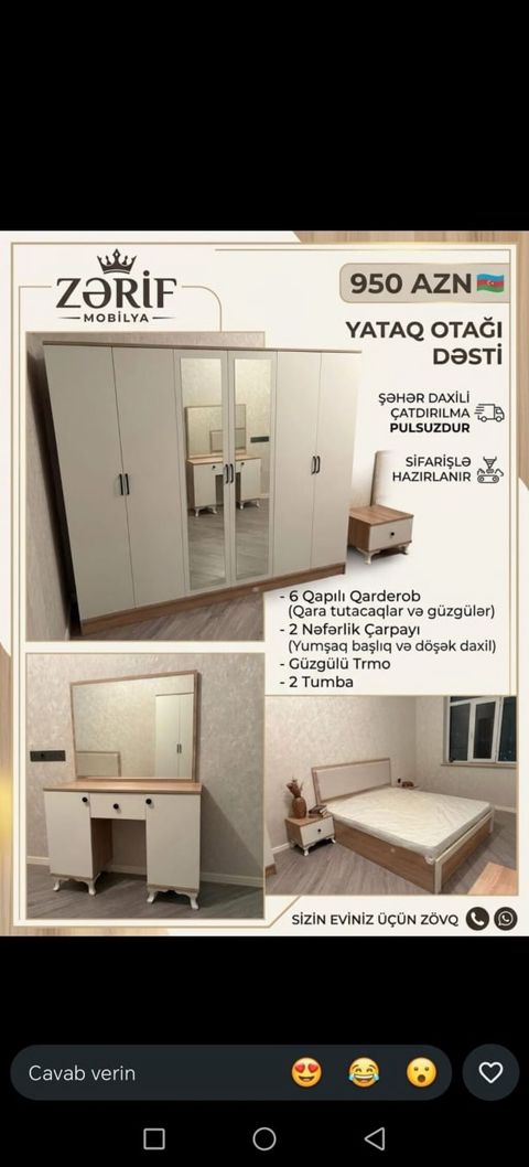 Zərif Mobilya – Yataq otağı dəsti Qiymət: 950 AZN Dəst tərkibi: - 6
