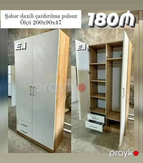 İkiqapılı paltar şkafı - Ölçü: 200×90×47 sm - Rəng/üslub: ağ ön