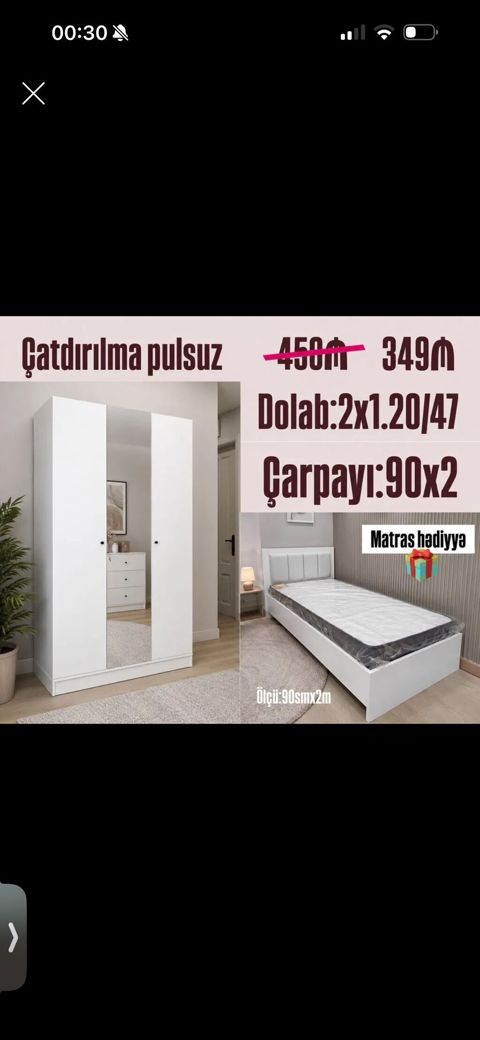 Yataq otağı dəsti – ağ rəng Tərkib: - Dolab: 3 qapılı, orta hissədə — Bakı