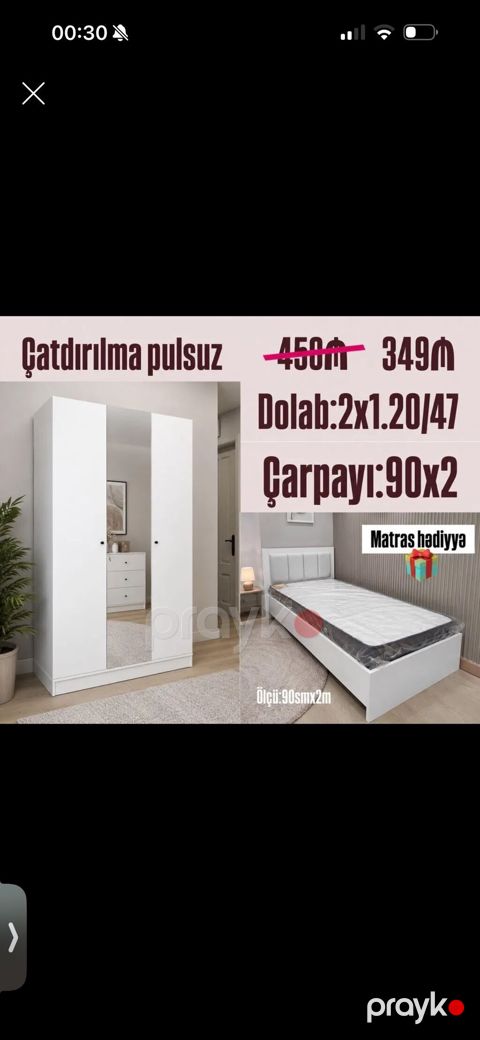 Yataq otağı dəsti – ağ rəng Tərkib: - Dolab: 3 qapılı, orta hissədə — Bakı