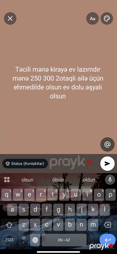 Ailə üçün kirayə mənzil axtarılır. Tələblər: - 2 otaqlı mənzil