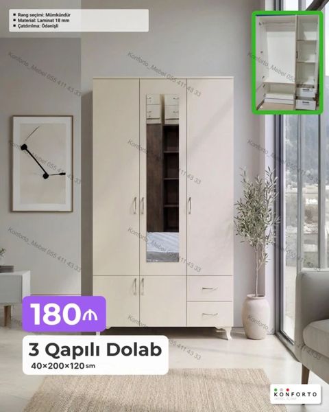 3 qapılı paltar dolabı – 40×200×120 sm - Material: 18 mm laminat — Bakı