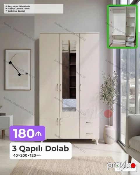 3 qapılı paltar dolabı – 40×200×120 sm - Material: 18 mm laminat
