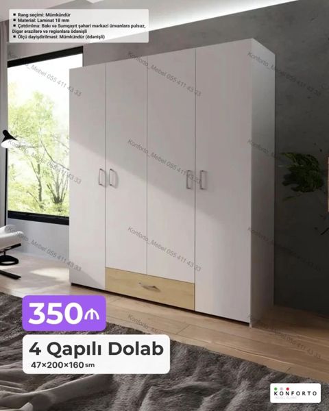 4 qapılı geyim dolabı - Ölçü: 47 200 160 sm - Material: 18 mm — Bakı