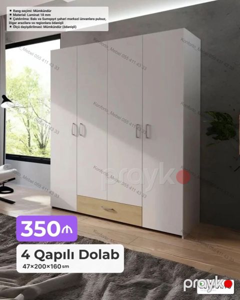 4 qapılı geyim dolabı - Ölçü: 47 200 160 sm - Material: 18 mm