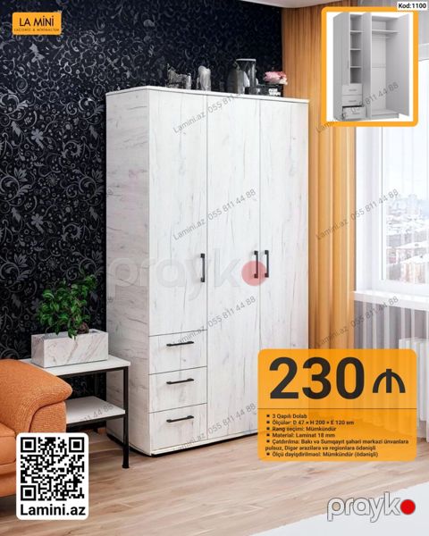 3 qapılı dolab – Kod: 1100 - Ölçülər: E 47 H 200 E 120 sm - Rəng